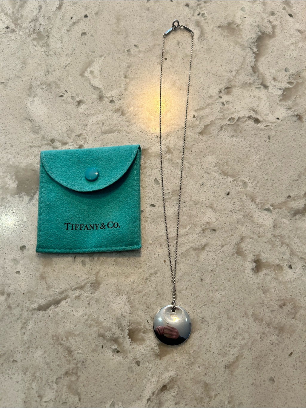Tiffany & Co. Polished Silver Disc Pendant Necklace With Tiffany Blue Pouch